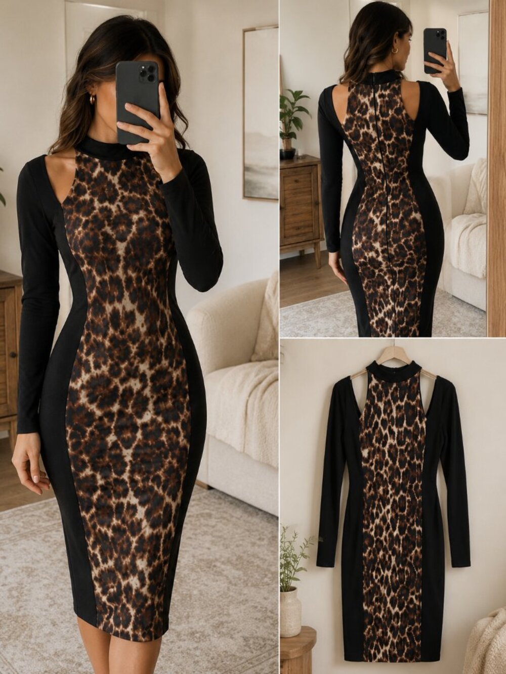 VENUS Size Small Leopard Print Bodycon Midi Dress | Gold Shoulder Bars